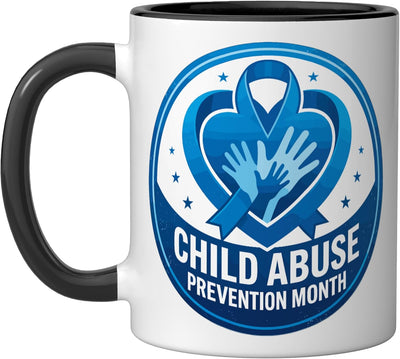 Taza cerámica con ribete azul prevención abuso infantil negro/blanco
