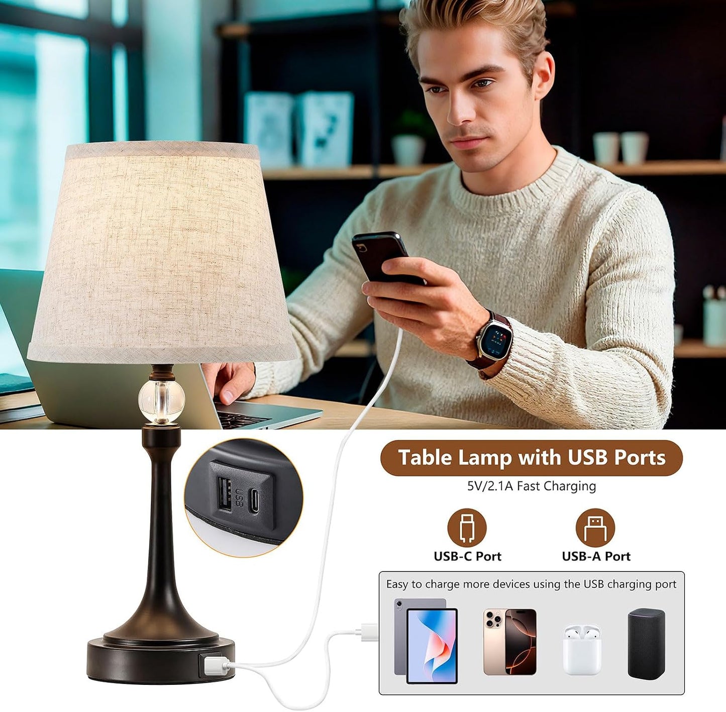 Lámpara mesa táctil 19.7pulg sala dormitorio oficina con USB