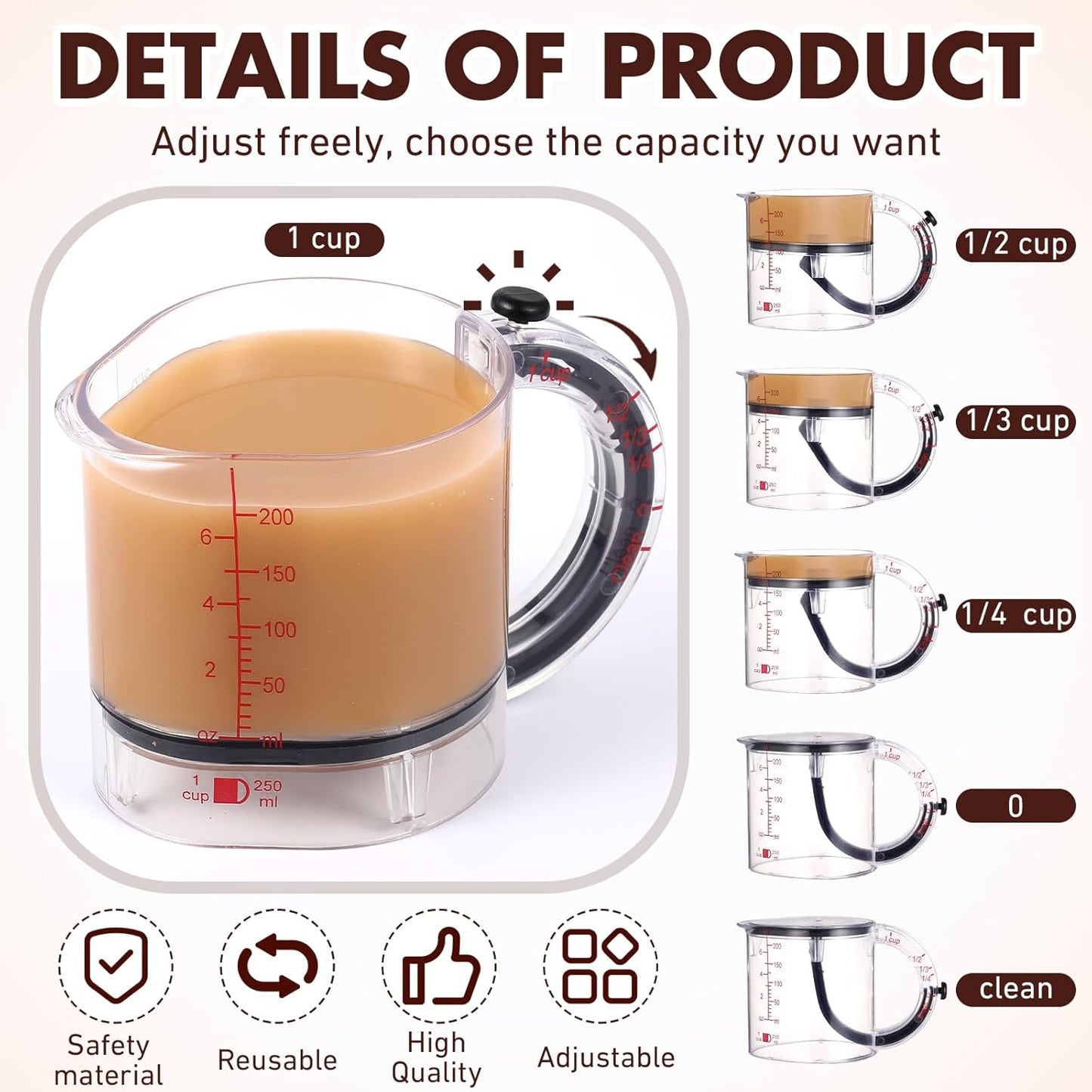 Taza medidora ajustable 4 en 1 con base de sello estilo raspador