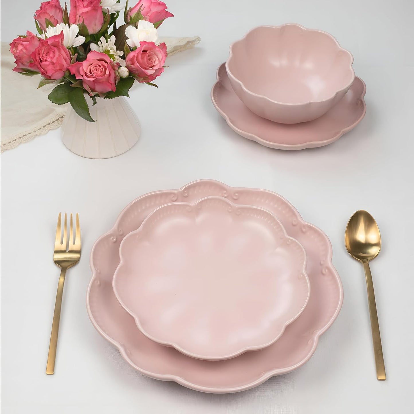 Jgo 12 platos rosados modernos cerámica resistente