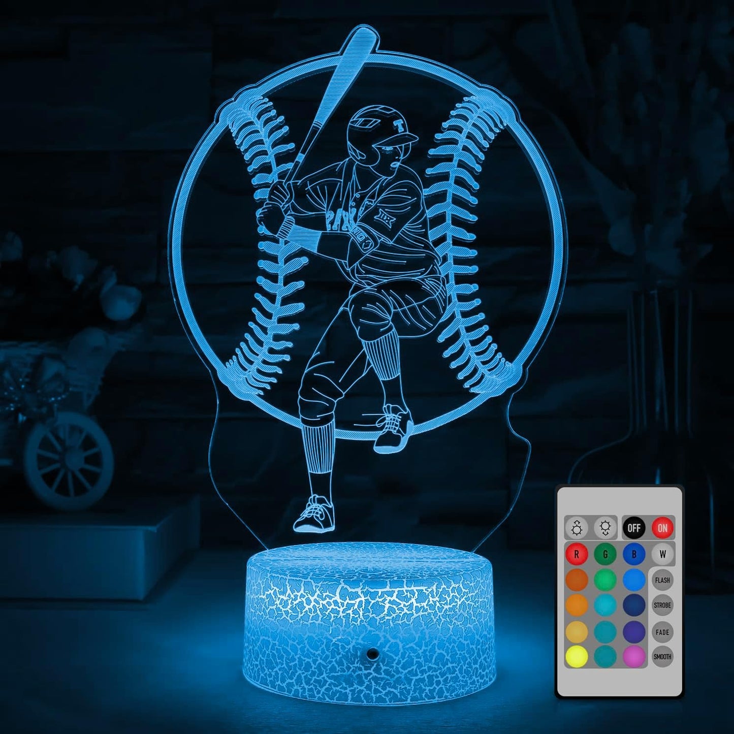 Luz Nocturna Béisbol 3D LED 16 Colores Control Remoto