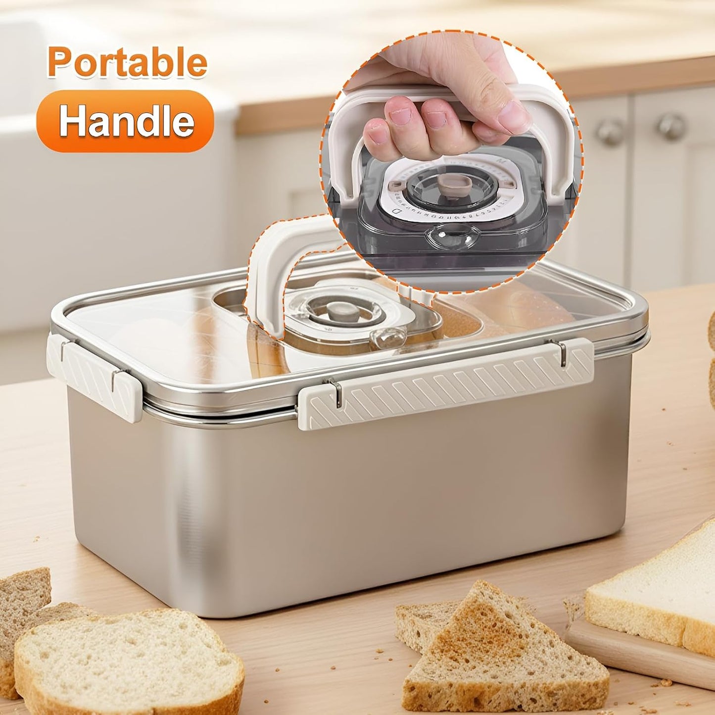 Panera de acero inoxidable para pan casero con tapa y asa