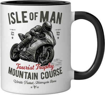 Taza de cerámica retro Isle of Man TT Moto carrera negra y blanca