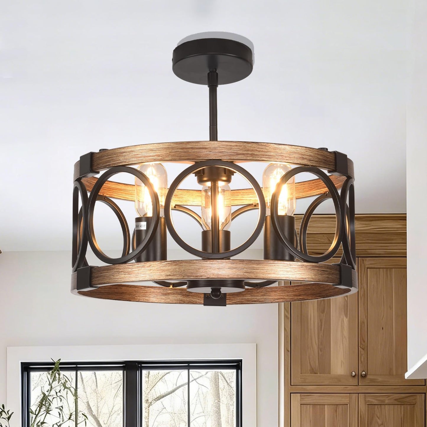 Lámpara techo 3 luces comedor negra 15.7pulg rústica madera