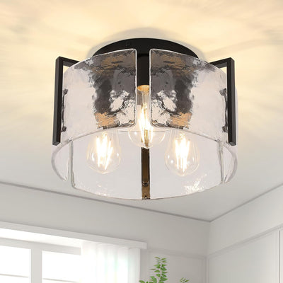 Lámpara techo 3 luces metal negro vidrio ondulado