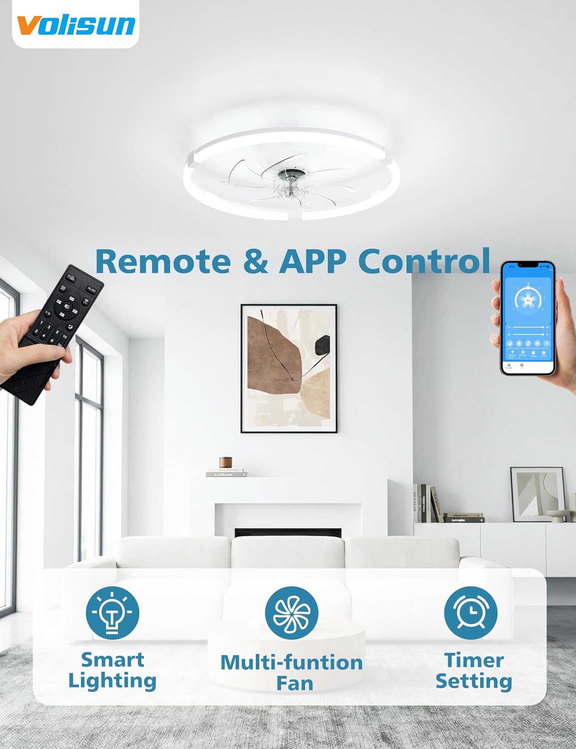 Ventilador techo bajo con luces LED regulables control remoto