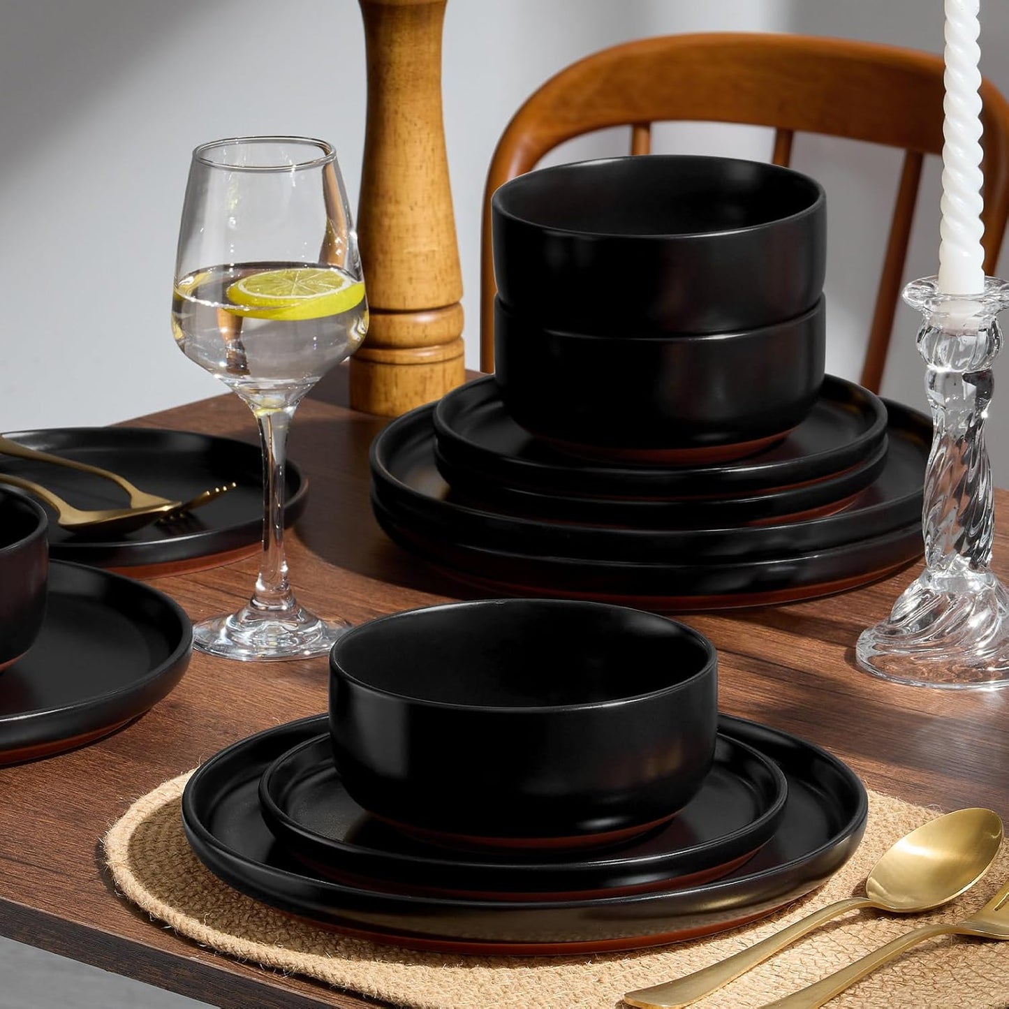 Set 18 Pzas Platos Cerámica Base Terracota Negro Mate