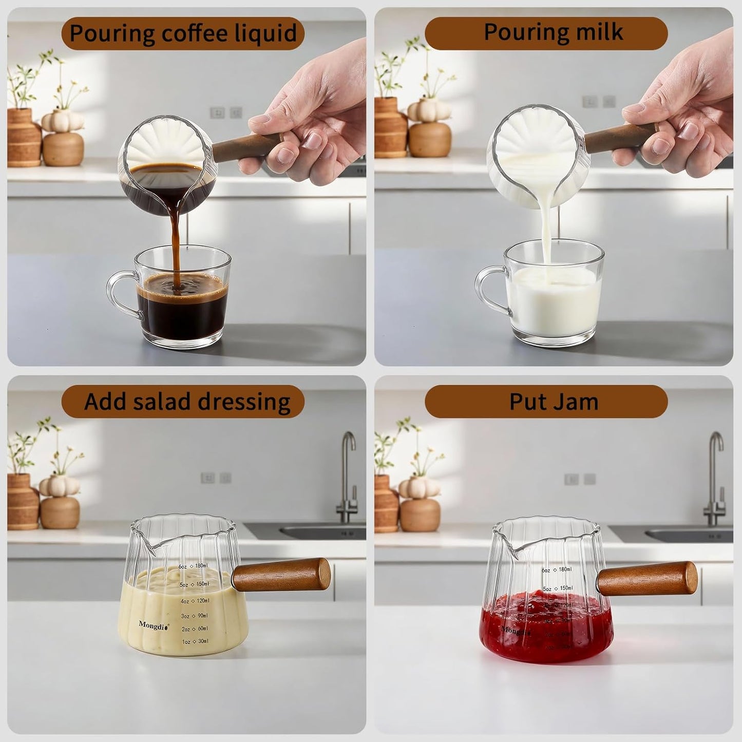 Copa de medición para espresso Mongdio con mango de madera y doble escala
