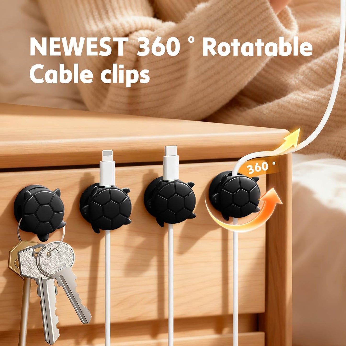 8 Clips Giratorios Cable Negro Organizador Carga Escritorio
