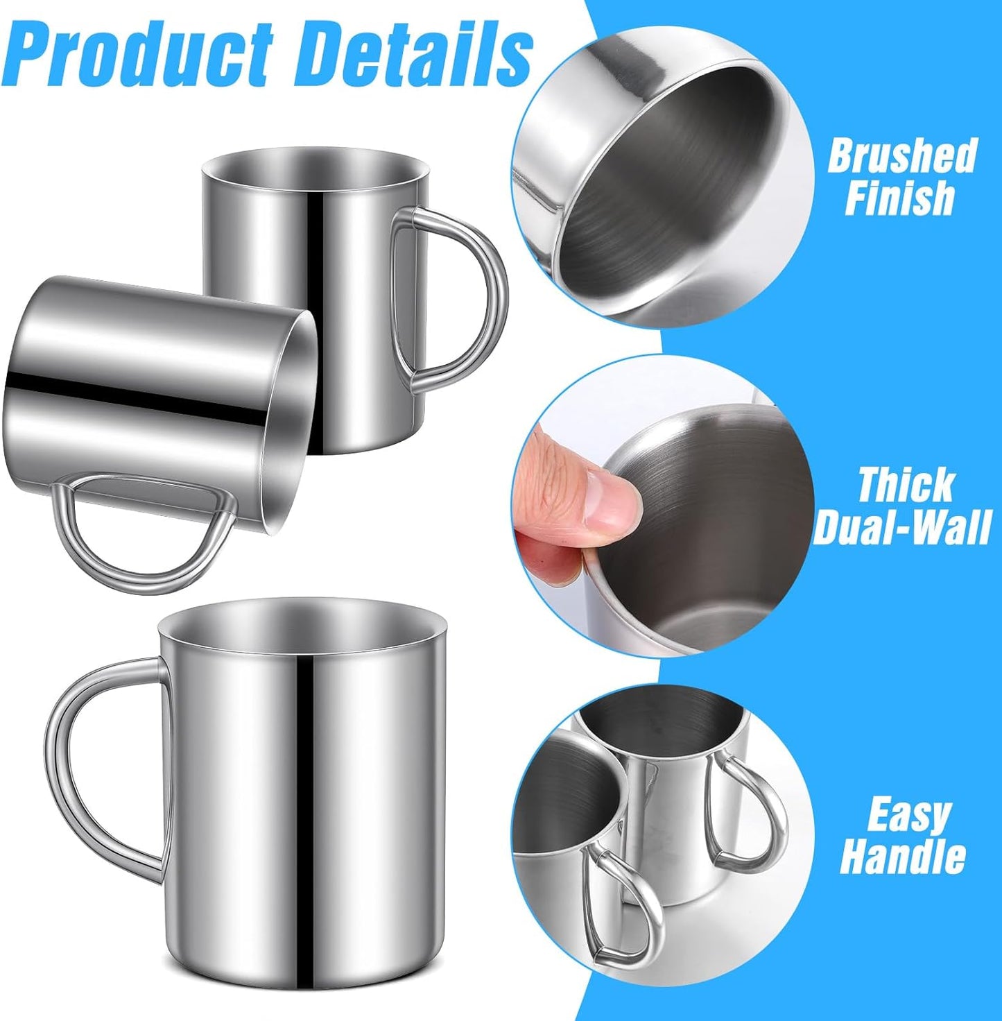 Juego de 4 tazas de café pequeñas de acero inoxidable doble pared con asa