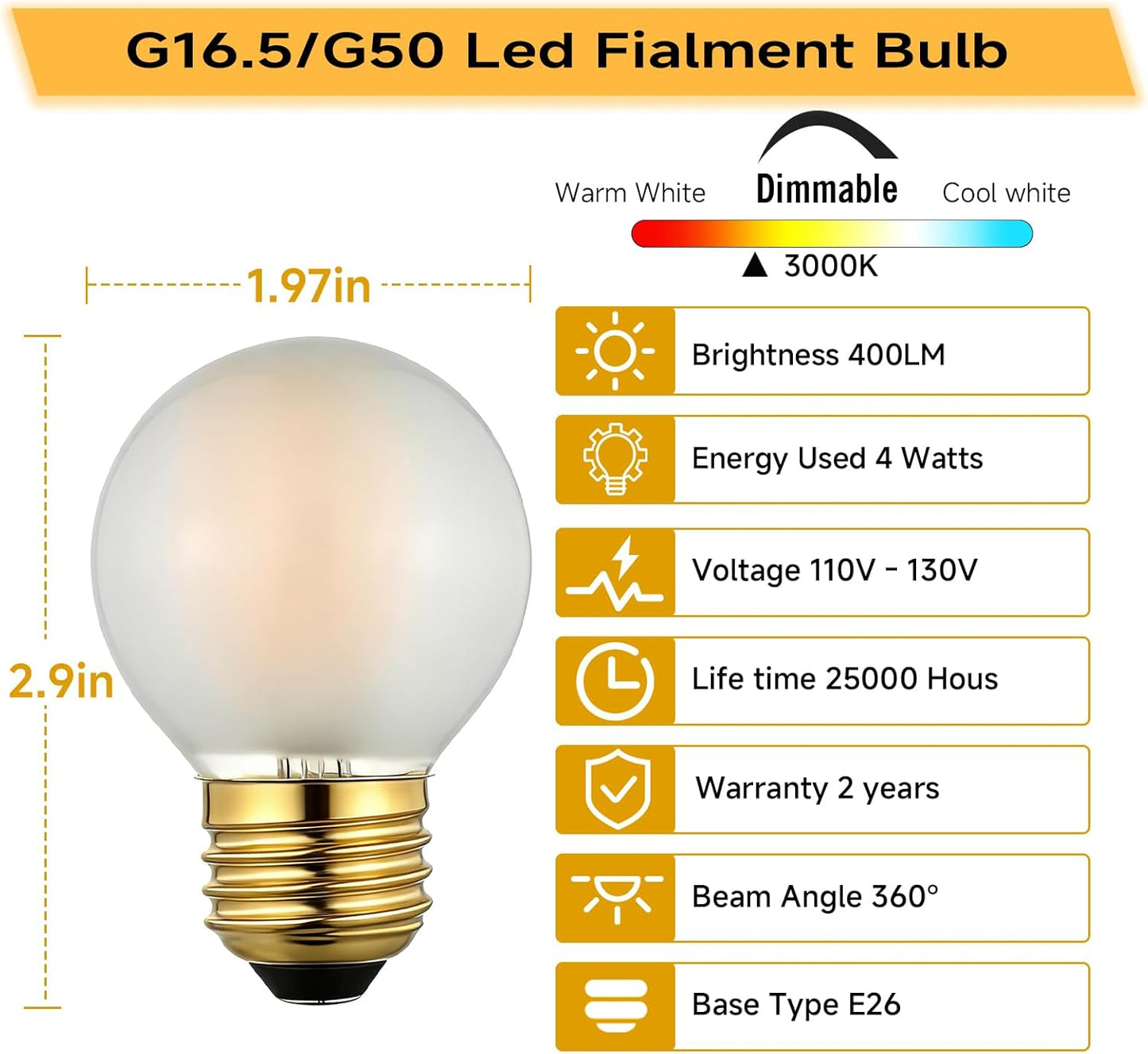 Bombilla LED filamento G16.5 E26 3000K vidrio esmerilado
