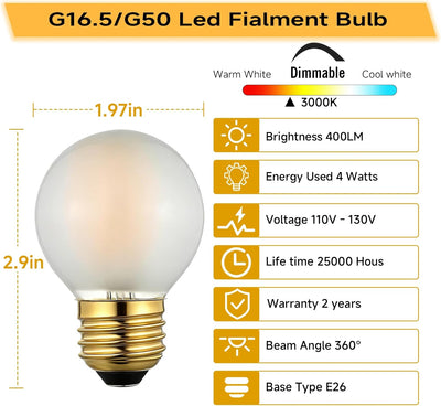Bombilla LED filamento G16.5 E26 3000K vidrio esmerilado