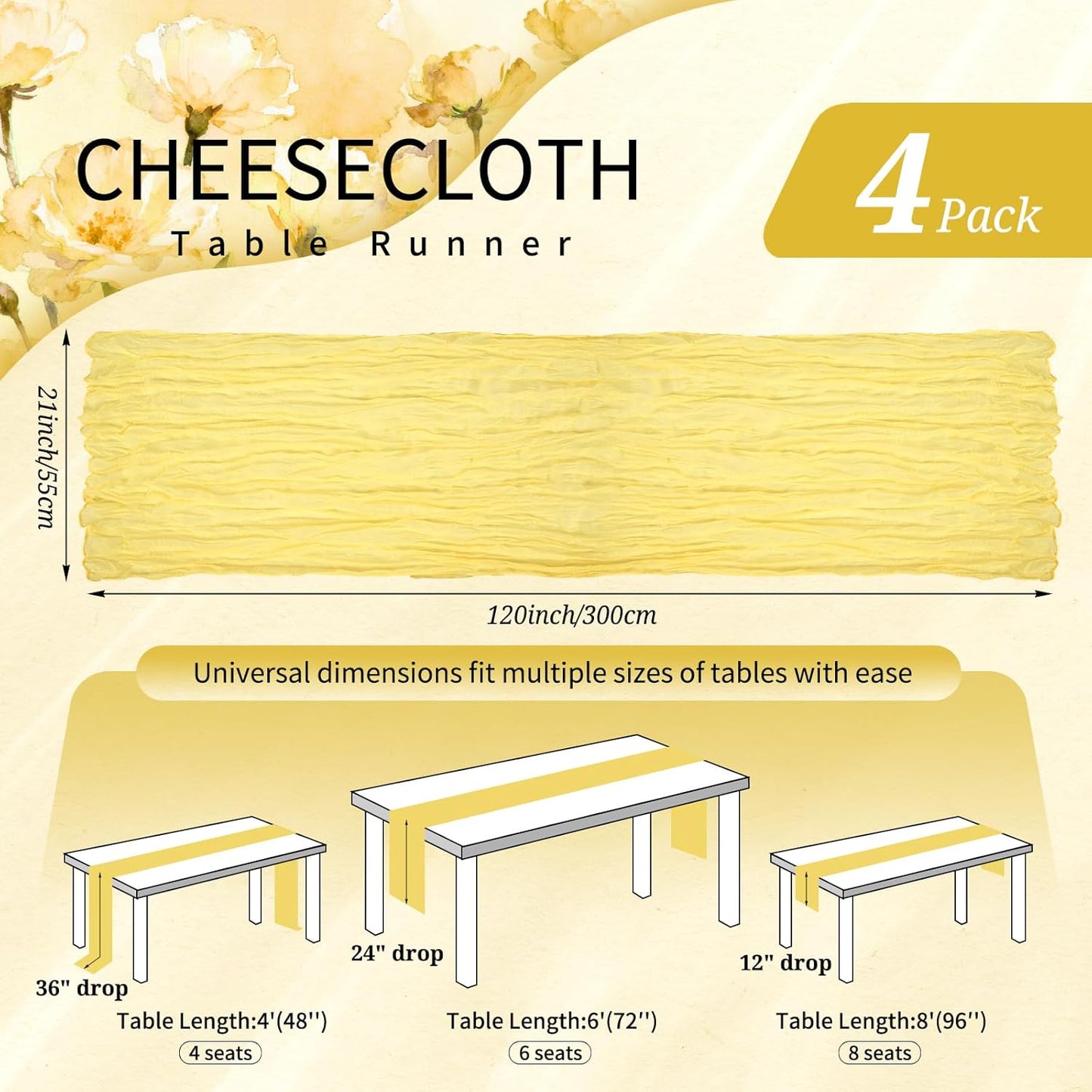 Paquete de 4 caminos de mesa de estopilla amarillo claro bohemio gasa queso decoracion mesa larga rústica