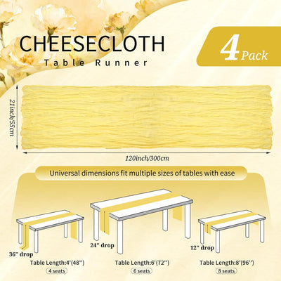 Paquete de 4 caminos de mesa de estopilla amarillo claro bohemio gasa queso decoracion mesa larga rústica