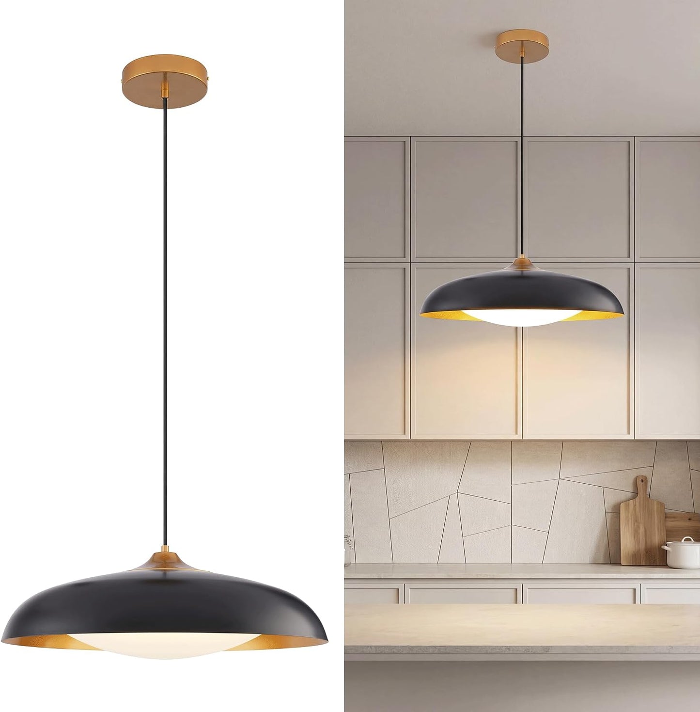Lámpara colgante LED 21pulg metal cúpula negra dorada