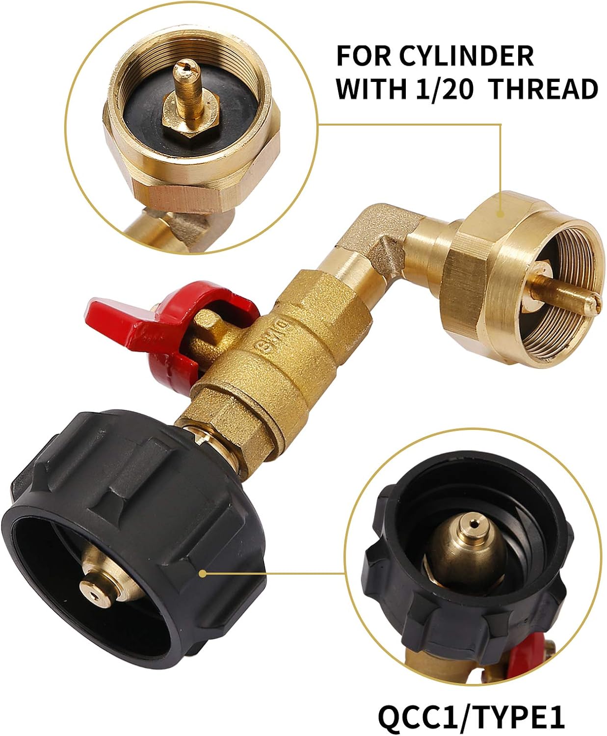 Adaptador codo propano 90 grados válvula on-off camping