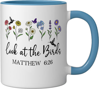 Taza cerámica versículo bíblico Mateo 6:26 Azul/Blanco