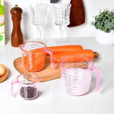 Taza medidora de plástico rosa paquete de 3 con asa para cocinar y hornear