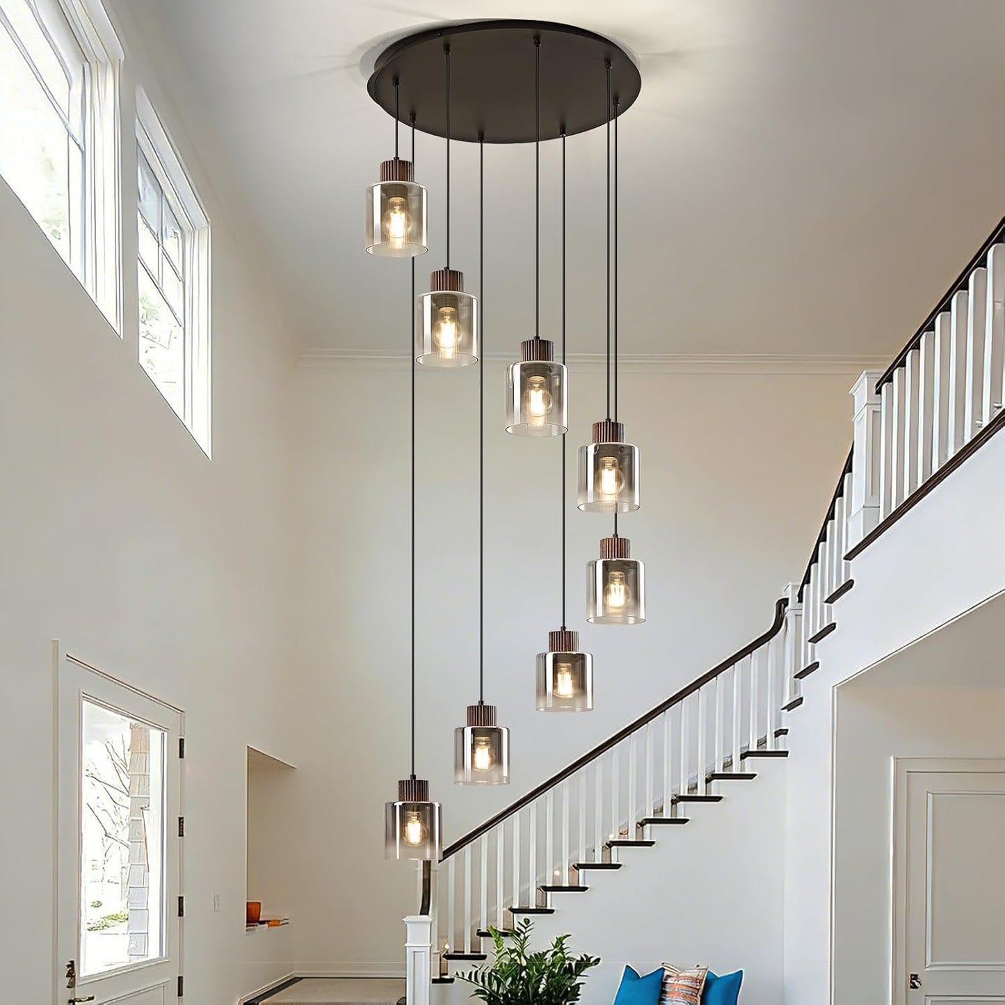 Candelabro 8 luces colgante madera nogal vidrio negro