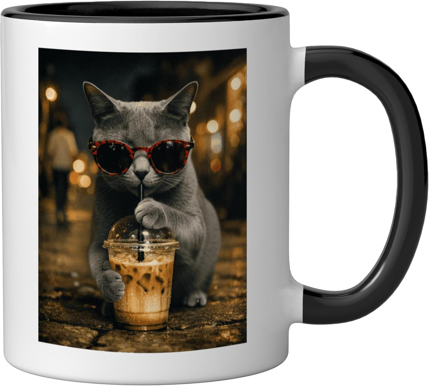 Taza Cerámica Gato Ruso Bebida Café Hielo Negro/Blanco