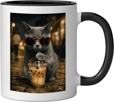 Taza Cerámica Gato Ruso Bebida Café Hielo Negro/Blanco