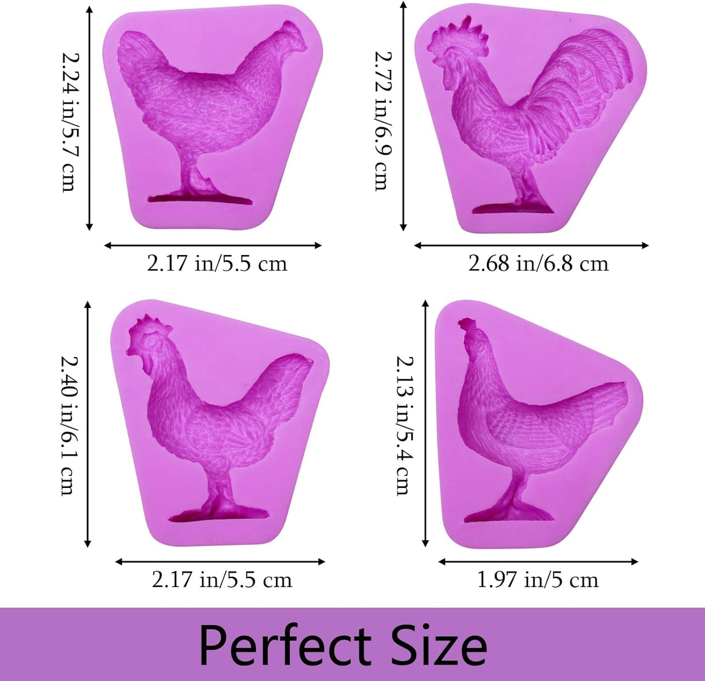 Moldes de silicona para gallinas, paquete de 4, morado, tema animales de granja