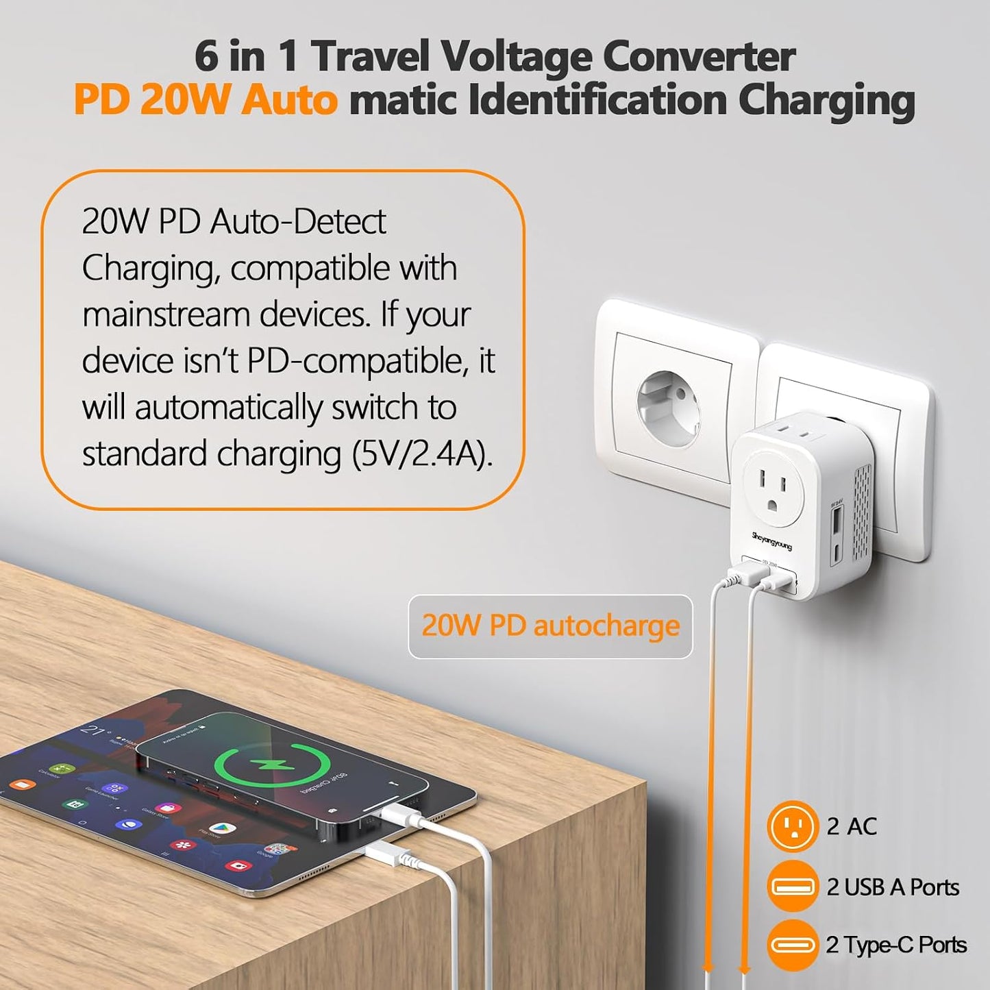 Convertidor voltaje 220V a 110V adaptador viaje PD 20W