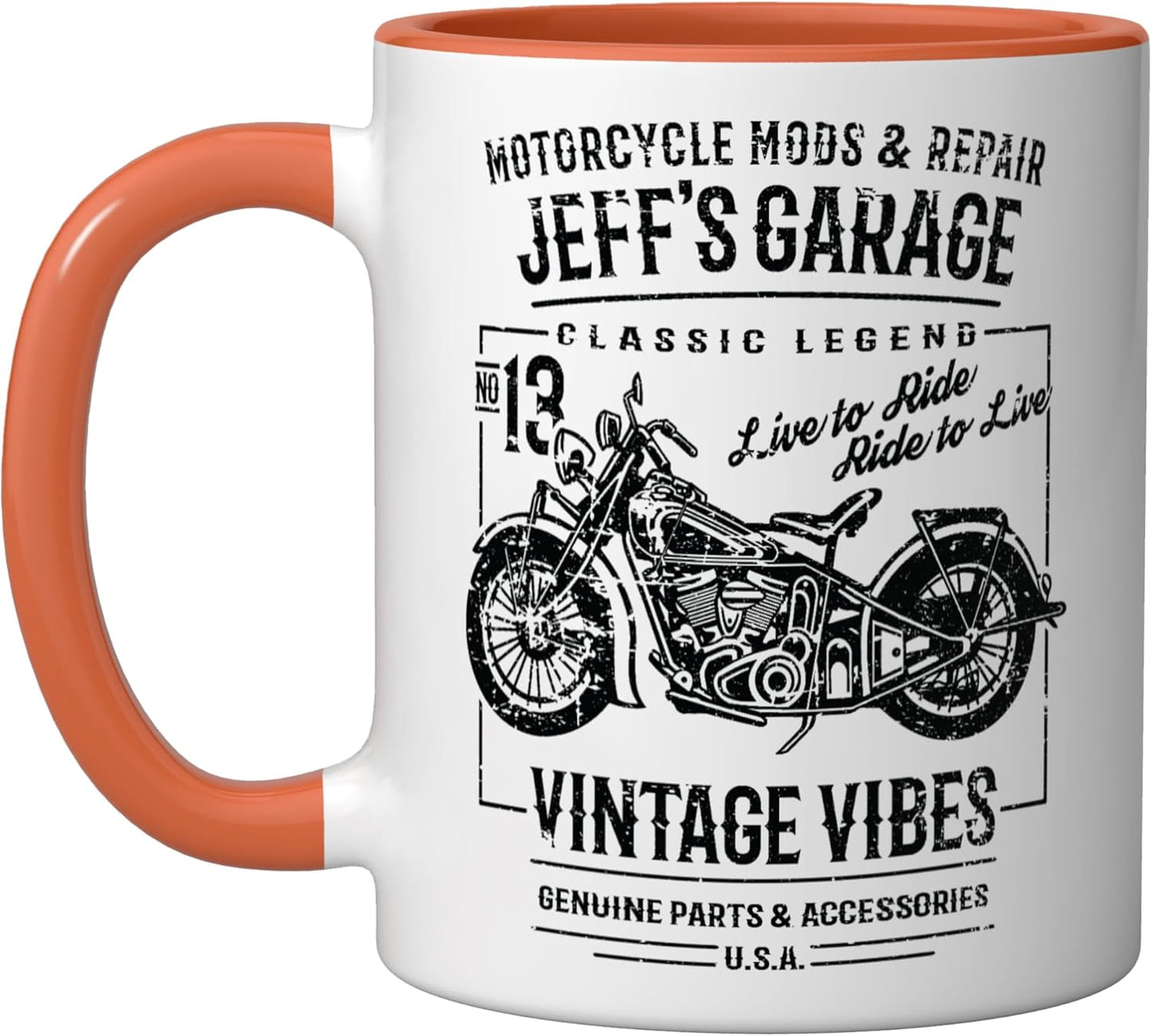 Taza cerámica para nombre Jeff diseño motocicleta vintage naranja/blanco