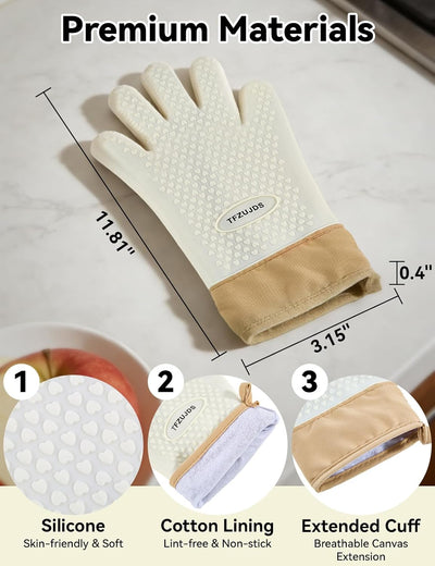 Guantes de horno de silicona con cinco dedos, puño extendido y forro suave