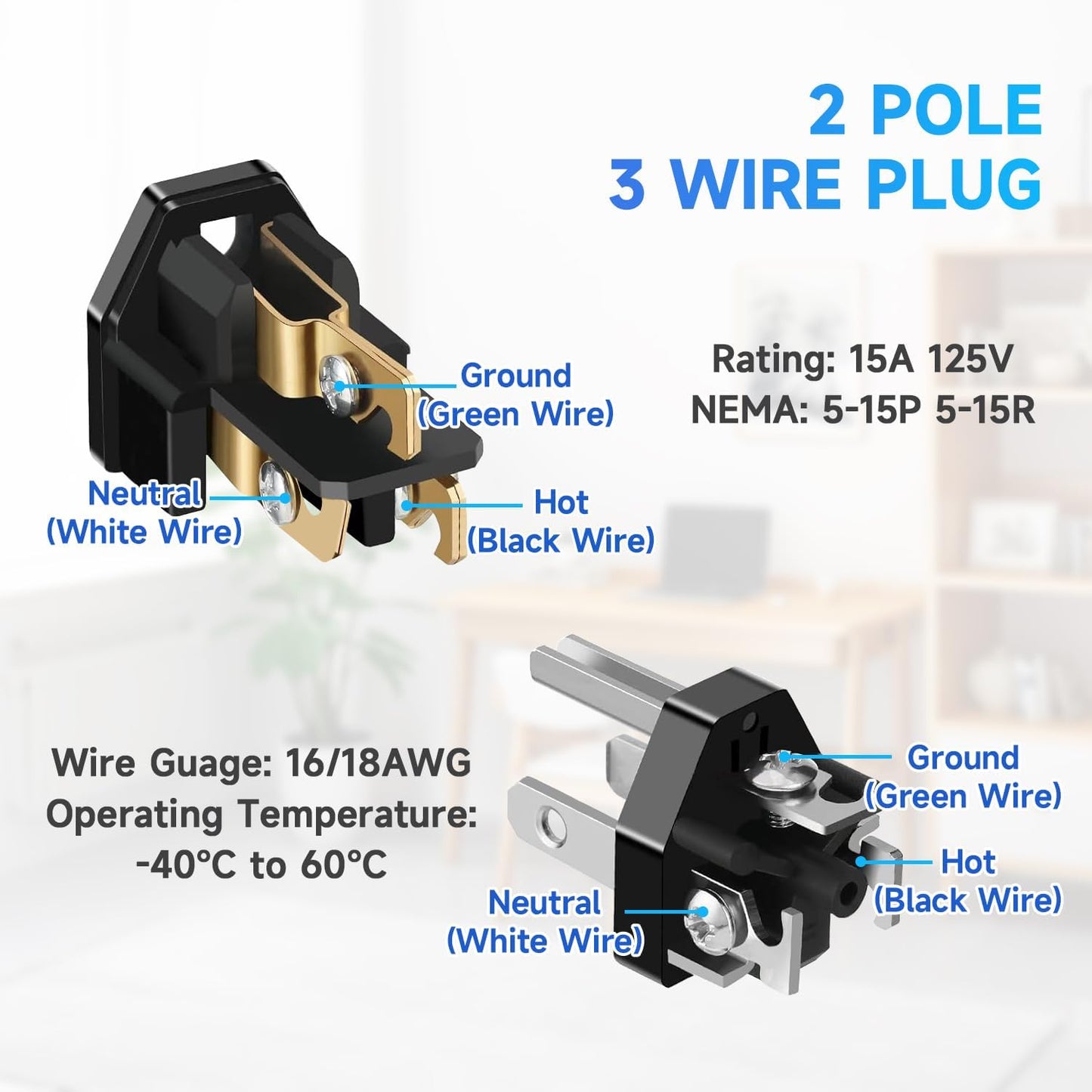 2 Set Extensión Cable Reparación Conectores Macho Hembra 125V