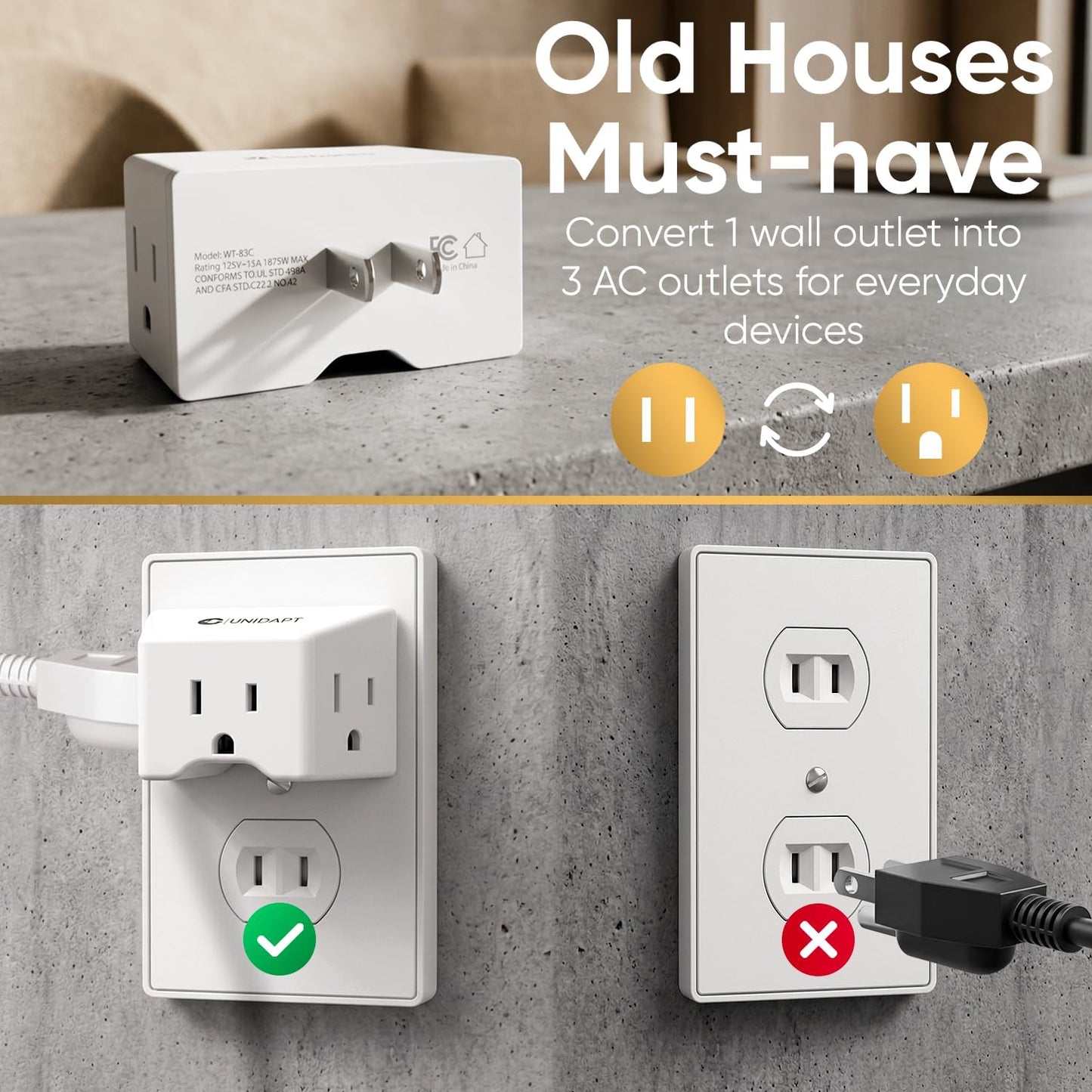 Adaptador clavija 2 a 3 salidas CA pared 1875W