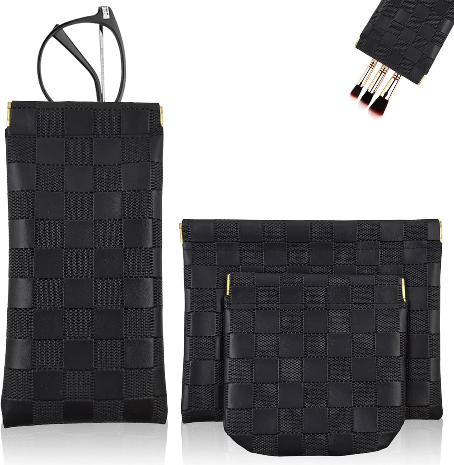 3 bolsas maquillaje cuero a cuadros portátil impermeable