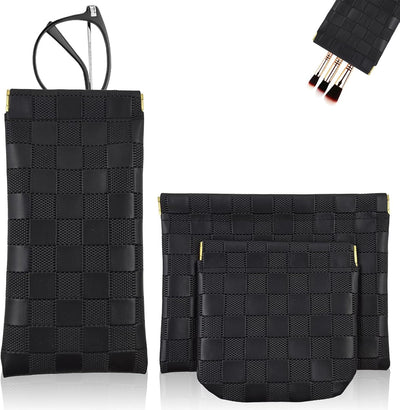3 bolsas maquillaje cuero a cuadros portátil impermeable