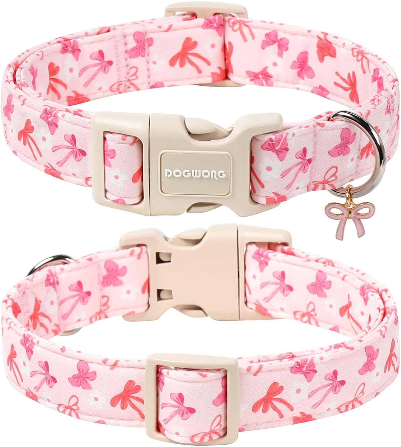 Collar rosa para perro hembra ajustable con estampado corbatín