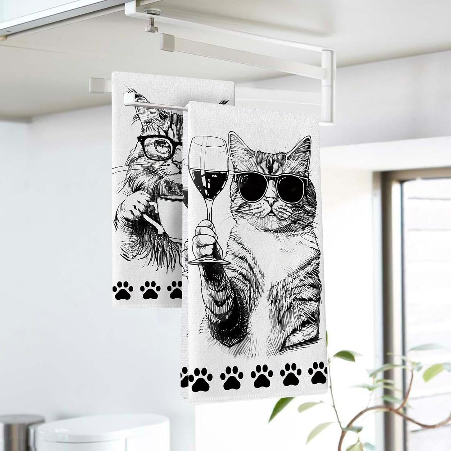 Toallas cocina gato set 2 negras blancas con estampado patas