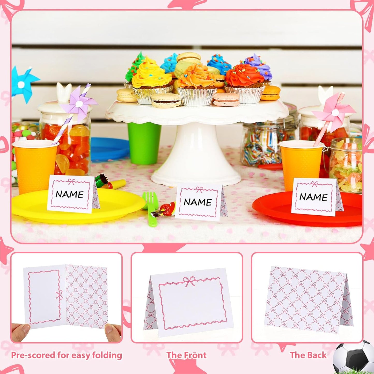 Tarjetas de mesa con lazo rosa para fiesta de cumpleaños y boda 3.5 x 2.5 pulgadas