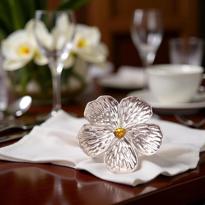 Servilleteros plateados con flor de ciruelo para boda, fiesta y comedor