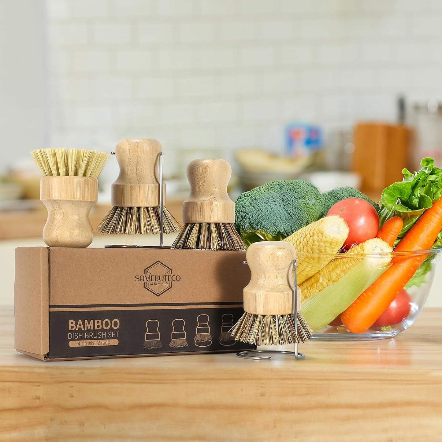 Juego de 6 cepillos de bambú con estantes de acero inoxidable para platos y sartenes