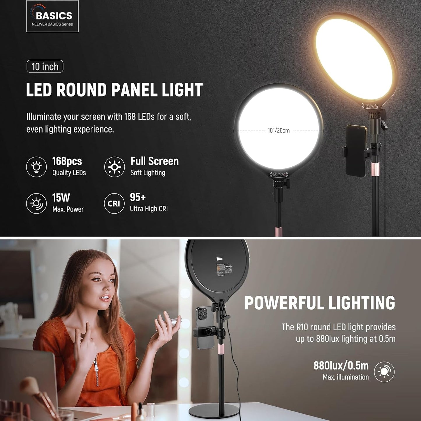 2 Pzas Anillo Luz LED 10.5pulg Soporte Escritorio 15W 3000-6500K