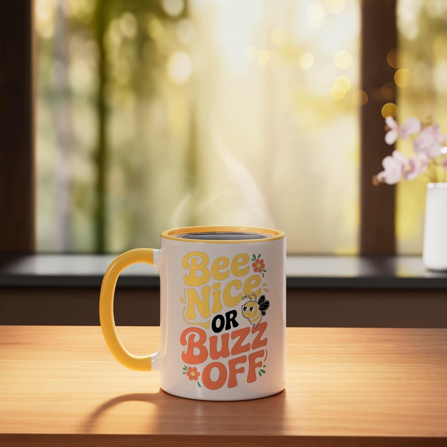 Taza cerámica de abejas con frase divertida amarilla/blanca