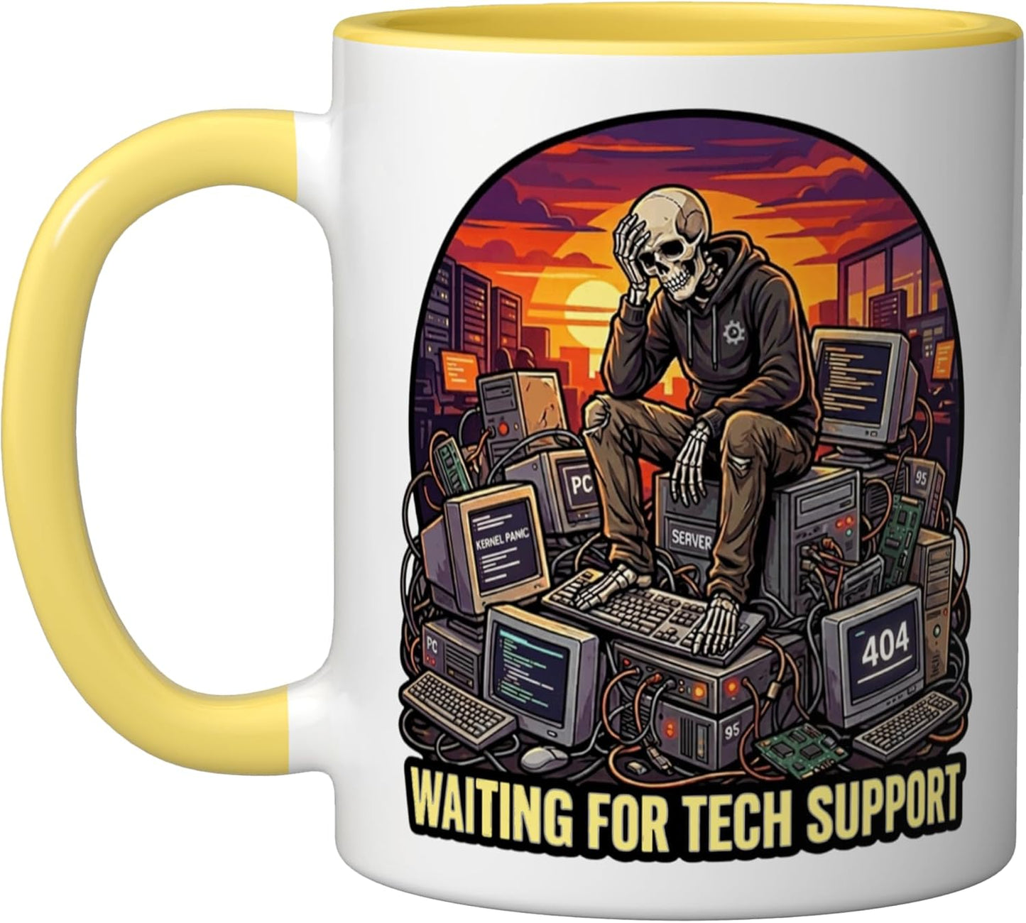 Taza Cerámica Esqueleto Computadora Soporte Amarillo Blanco