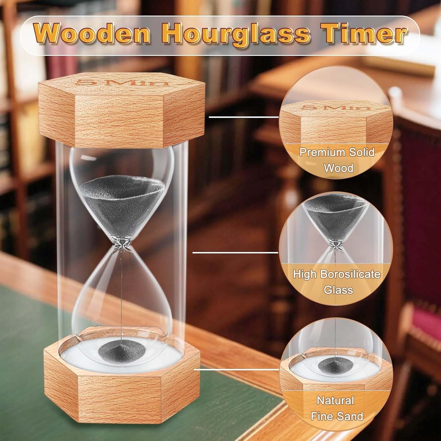 Reloj arena temporizador 60 min hexagonal madera natural
