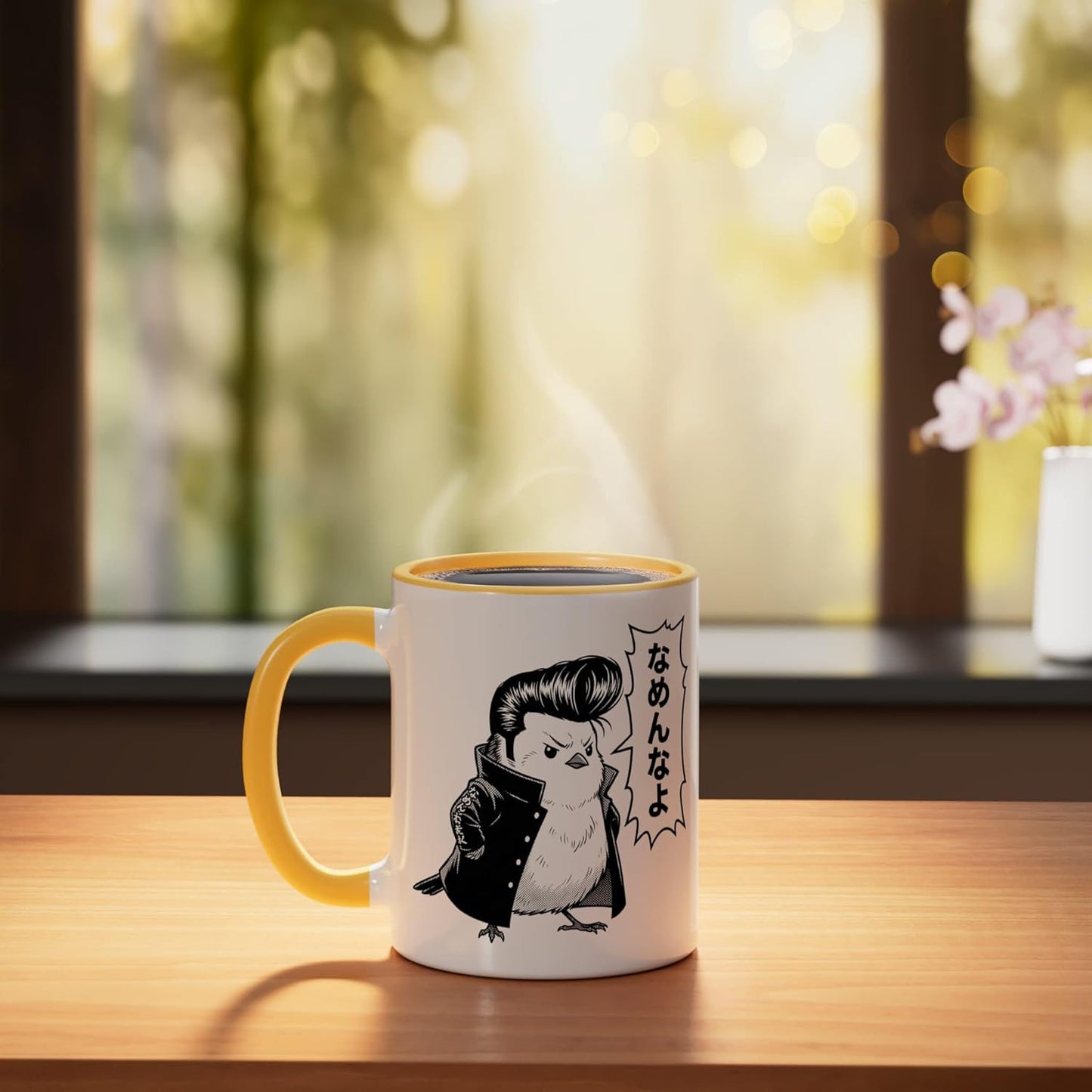 Taza Cerámica con Diseño Manga Shima Enaga Bird Amarillo/Blanco
