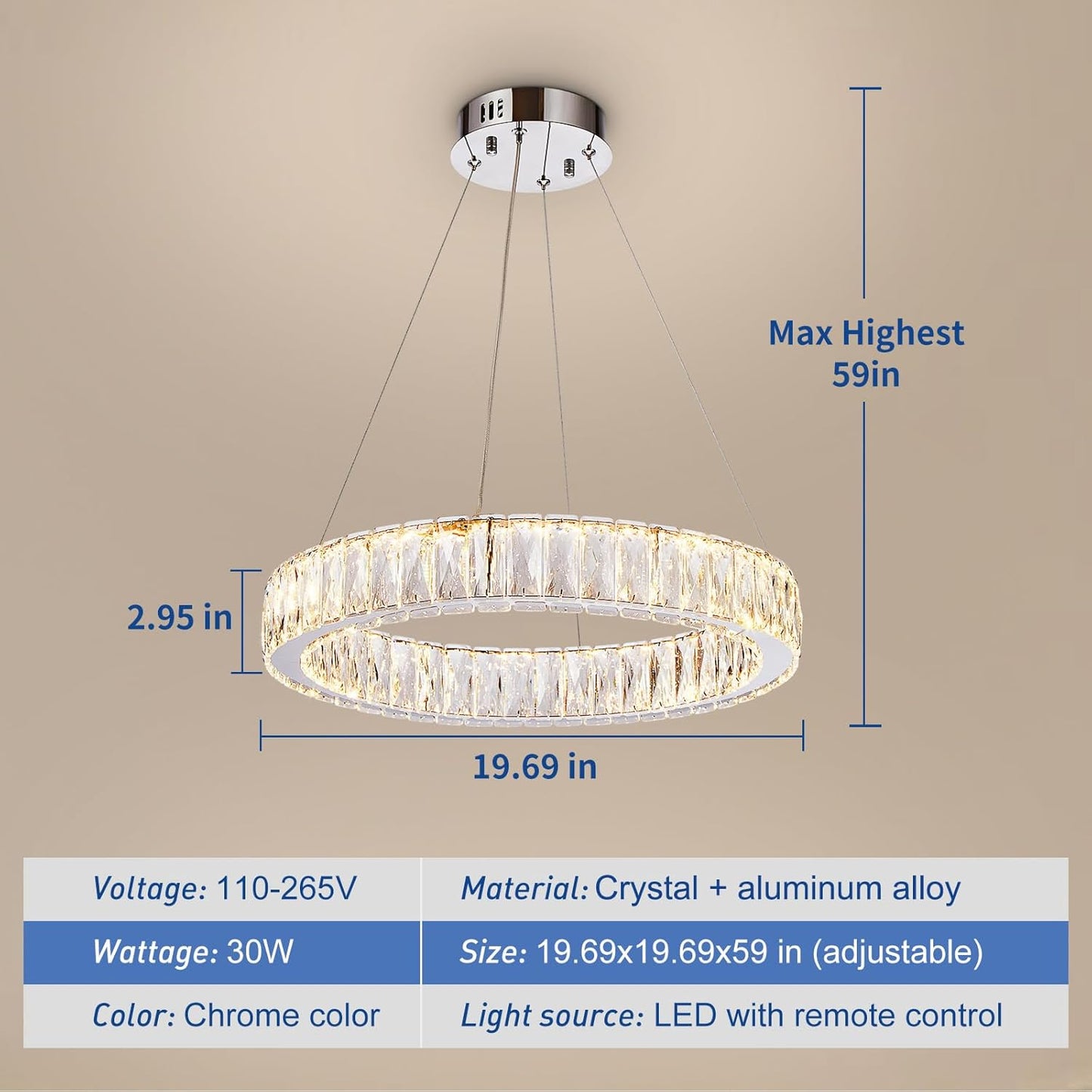 Candelabro LED cristal anillo 19.7pulg regulable