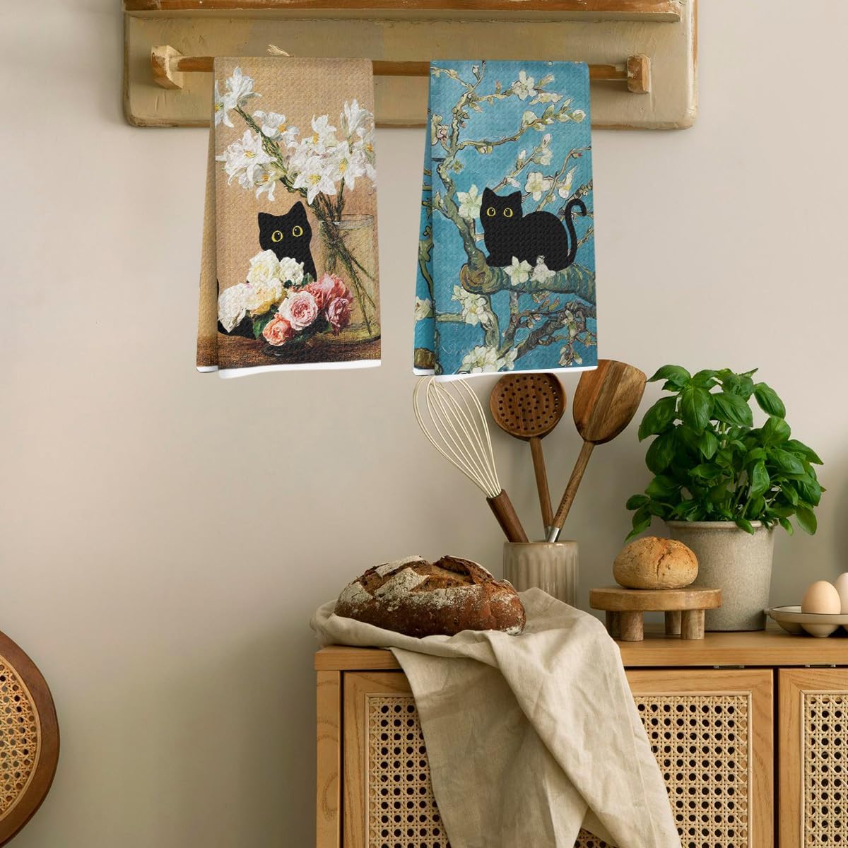 Toallas de cocina con diseño de gato negro y lirios