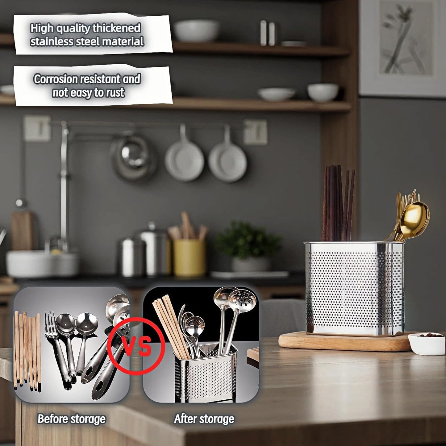 Soporte utensilios cocina acero inoxidable con ganchos escurridor resistente