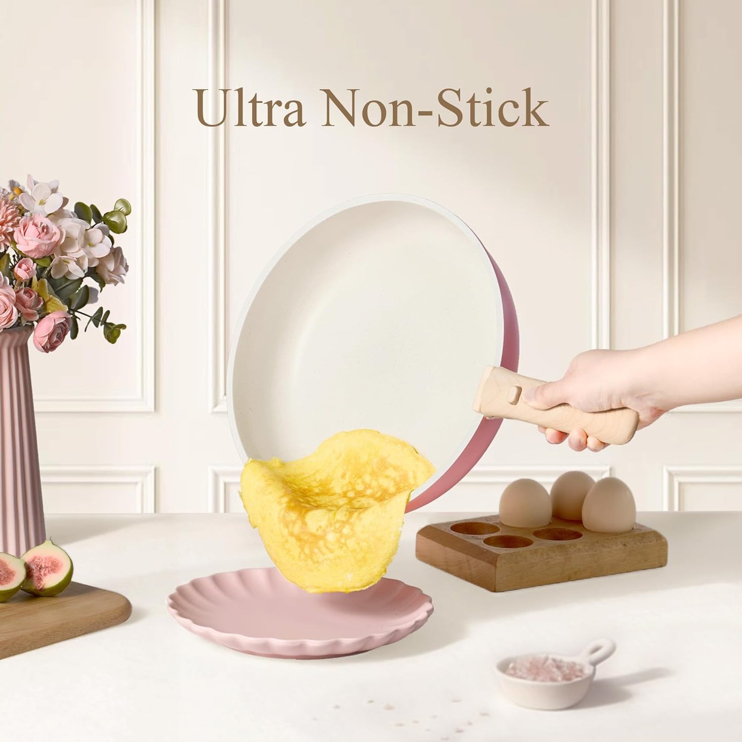Set 19 Pzas Ollas Sartenes Antiadherente Mango Extraible Rosa
