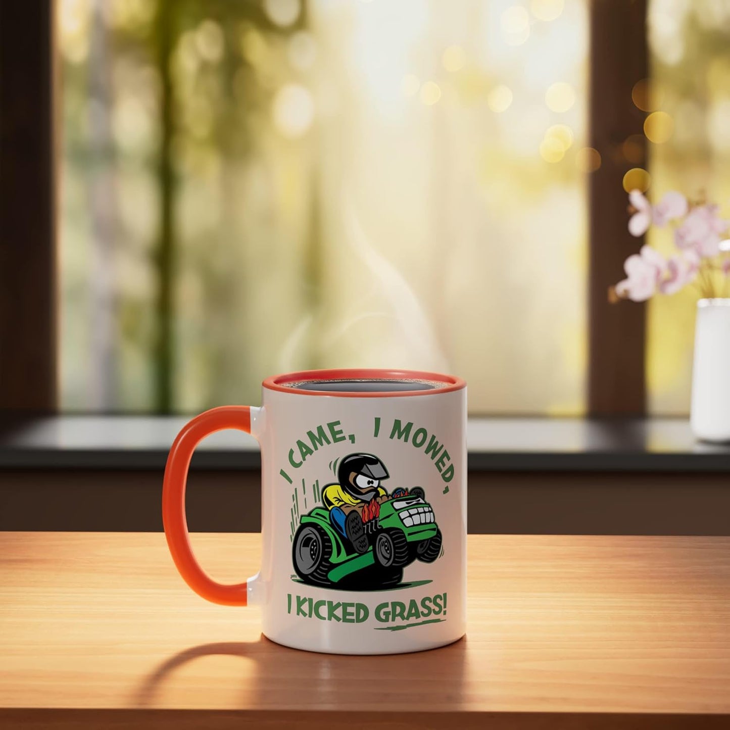 Taza Cerámica Corto Corte Césped Dibujo Naranja/Blanco