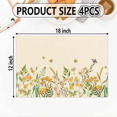 Manteles individuales florales acuarela silvestres y abejas 12 x 18 juego de 4