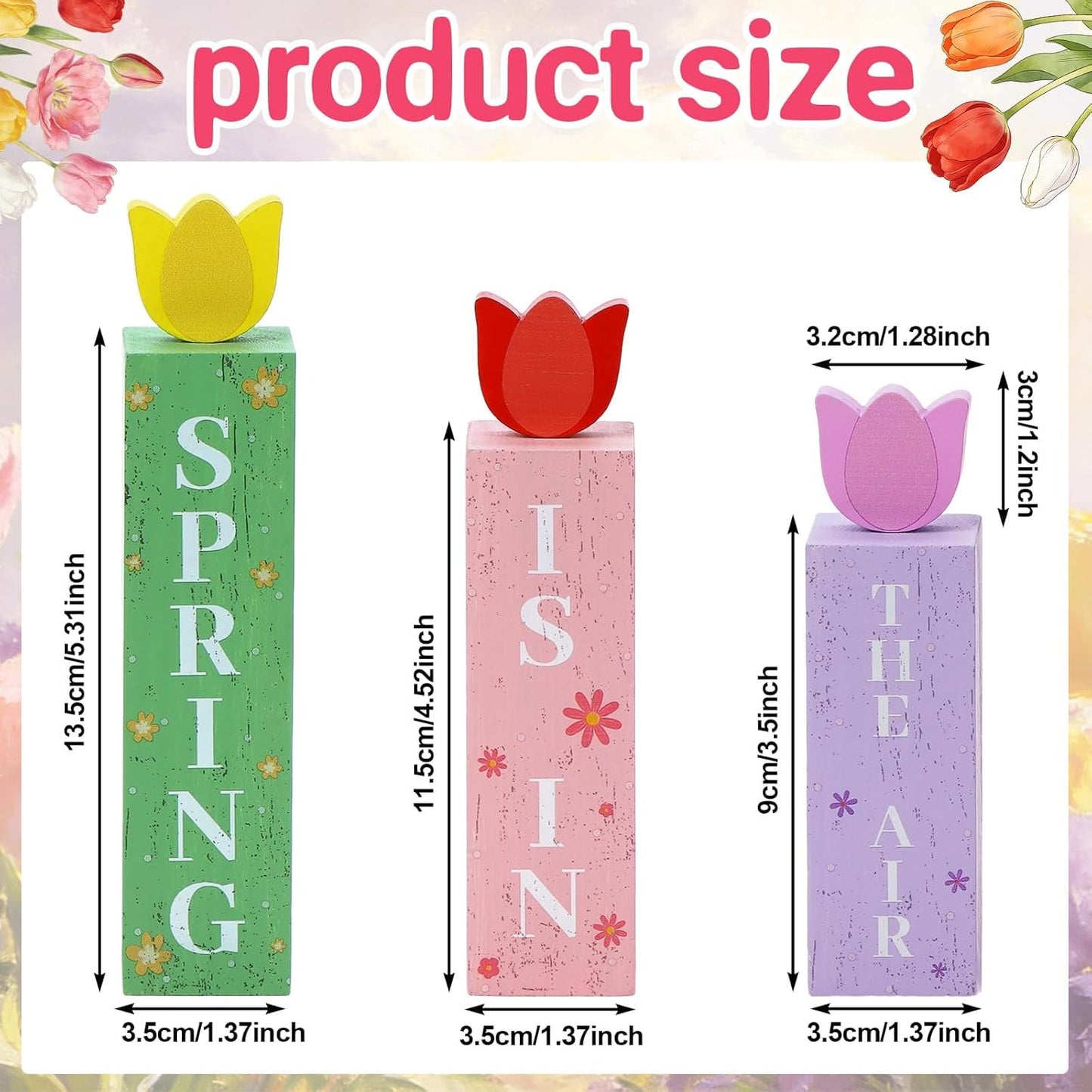 3 bloques de mesa de madera de primavera con tulipanes pastel, decoración rústica para hogar